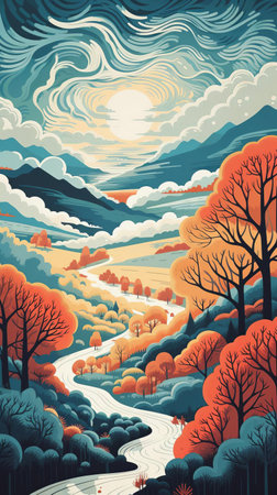 the hinterland, a picturesque rural area, is beautifully captured in this vibrant flat colour photograph, showcasing the serene and peaceful atmosphere of the countryside, with rolling hills and lush greenery, perfect for nature lovers and landscape enthusiasts. ai generatedの素材