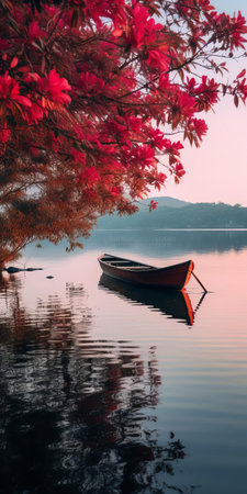 the serene lake, surrounded by vibrant bougainvillea, reflects the warm hues of red, orange, and yellow leaves, creating a peaceful atmosphere, perfect for a phone wallpaper, in this highly detailed, high-resolution 16k, hyper-realistic image, capturing the essence of a quiet morning by the still waters. ai generatedの素材