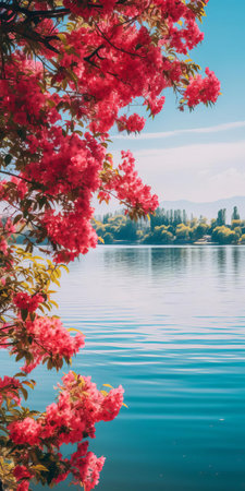 this tranquil lake scene, surrounded by vibrant bougainvillea flowers in shades of red, orange, and yellow, reflects serenity and peacefulness, with warm colors and dynamic lighting, creating a sense of solitude, perfect as a high-resolution 16k vertical phone wallpaper for nature lovers. ai generatedの素材