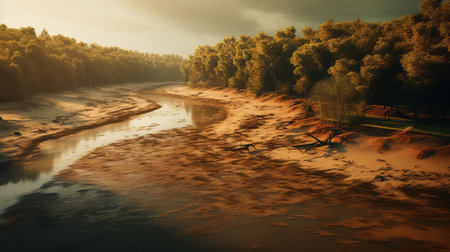the floodplain forest stands majestic, its serene sandy beach shoreline glowing warmly under the golden light of a hyper-realistic, cinematic-inspired scene, reminiscent of the works of renowned drone photographers, capturing the essence of a tranquil natural wonder. ai generatedの素材