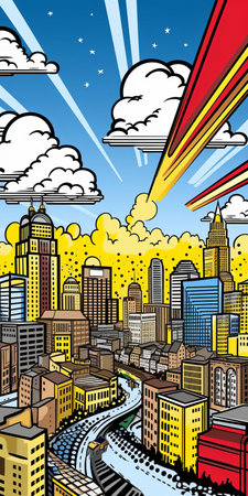 cincinnati, depicted in the iconic ben-day dots style of roy lichtenstein, shines bright with its vibrant cityscape, featuring the majestic carew tower, the bustling findlay market, and the scenic ohio river waterfront, blending pop art flair with midwestern charm. ai generatedの素材