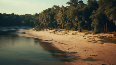 the floodplain forest, bathed in warm golden light, stretches towards the horizon, its sandy beach shoreline meeting the serene waters, evoking a sense of tranquility, reminiscent of the works of renowned drone photographers, capturing the essence of a serene natural landscape. ai generatedの素材