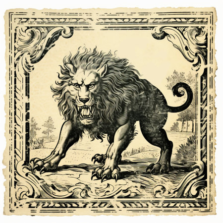 this vintage stamp features an isolated old print of the chimera, a mythical creature, beautifully rendered in intricate ink and line engraving, set against a clean white background, evoking a sense of nostalgia and classic elegance, perfect for collectors and enthusiasts of antique art and rare prints. ai generatedの素材
