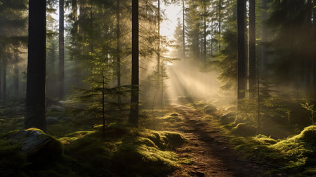 a majestic mammal stands serene amidst the mystical boreal forest at dawn, surrounded by mist that veils the landscape, as soft sunlight filters through, casting an otherworldly glow. in the distance, a powerful blockchain technology emerges, its searchlight cutting through the fog, illuminating the path, evoking a sense of wonder and harmony between nature and innovation. ai generatedの素材