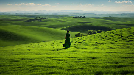 the serene stephanie stands tall amidst a breathtaking landscape of rolling hills and lush green grass, exuding quiet confidence and elegance in a flowing silk robe that harmonizes with the natural surroundings, basking in the warm sunlight that filters through the leaves, evoking a sense of tranquility and contemplation in this idyllic scene. ai generatedの素材