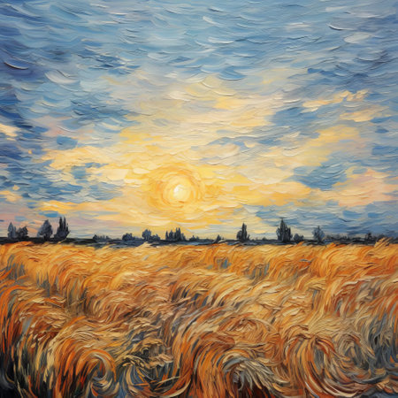 a serene wheat field stretches across a picturesque valley, basking in the warm, gentle light of a tranquil dusk sky, where soft, cold colors and faint, colorful hues dance across the clouds, evoking the dreamy, impressionist brush strokes reminiscent of claude monet's masterpieces. ai generatedの素材