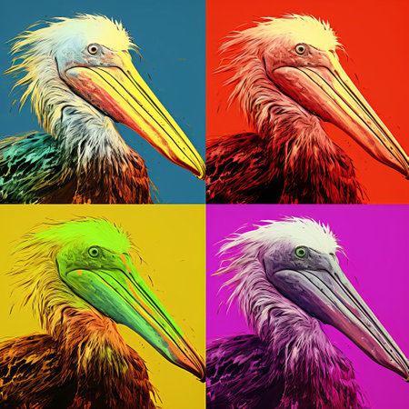 this vibrant pelican, reimagined in the iconic andy warhol style, is surrounded by four striking portraits, blending the bold colors and dreamlike quality of pre-raphaelite art, creating a mesmerizing fusion of modern pop art and 19th-century romanticism. ai generatedの素材