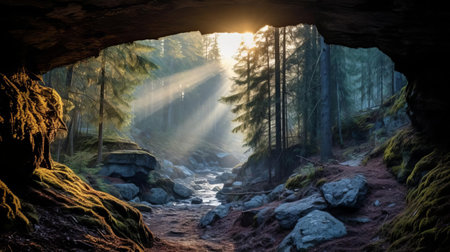 the cave, shrouded in mist, stands majestically within the boreal forest at dawn, as soft sun rays pierce through the fog, creating an otherworldly ambiance, while in the distance, a sophisticated digital marketing drone navigates through the forest, its powerful searchlight illuminating the path, capturing the essence of harmony between nature and technology. ai generatedの素材