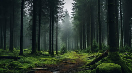 the european forest, shrouded in mist and mystery, stands tall with its majestic deciduous trees and towering firs, their leafy canopies a vibrant green, swaying gently in the rainy weather, as the tops of the trees stretch towards the grey sky, evoking a sense of enchantment and wonder. ai generatedの素材
