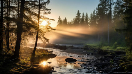 the river, serene and majestic, winds its way through the boreal forest at dawn, surrounded by misty veil, as the soft sun rays peek through the fog, casting an ethereal glow, while in the distance, a futuristic internet of things (iot) device soars through the trees, its powerful searchlight cutting through the mist, illuminating the path ahead, capturing the harmony between nature and advanced technology.の素材