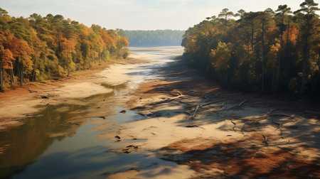 the floodplain forest stands majestically alongside a serene sandy beach, bathed in warm, golden light, evoking a sense of tranquility, reminiscent of the works of renowned drone photographers, capturing the essence of nature's splendor in this hyper-realistic, breathtaking landscape photography. ai generatedの素材