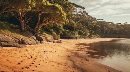 the australian coastline stretches out in this breathtaking aboriginal forest shot of a sandy beach, bathed in warm, golden light, evoking a sense of serenity and tranquility, reminiscent of the works of famous drone photographers, capturing the essence of the rugged yet beautiful australian wilderness. ai generatedの素材