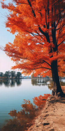 the tranquil lake, surrounded by vibrant ginkgo trees, showcases a kaleidoscope of autumn hues, with warm reds, oranges, and yellows mirrored in the still waters, evoking a sense of serene solitude, perfect for a high-resolution 16k phone wallpaper, ideal for nature lovers and photography enthusiasts. ai generatedの素材