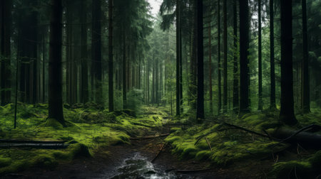 the mystical european forest, shrouded in a veil of mist, beckons with its lush canopy of deciduous trees and towering firs, as the rain-soaked atmosphere transports you to a realm of ancient fairytales, where myth and magic reign supreme. ai generatedの素材