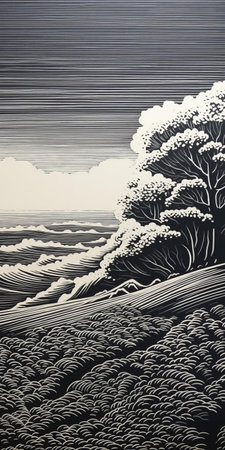 the rural coastline, shrouded in mist, stretches into the distance, its serene beauty captured in a stunning reduction linocut print, characterized by low detail and a single, muted color palette, evoking a sense of mystery and tranquility, reminiscent of a nostalgic, dreamlike state. ai generatedの素材