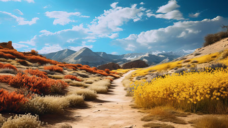 the majestic mountain landscape unfolds along a serene hiking trail, bathed in a warm, golden light, with strong shadows accentuating the rolling hills and towering trees, evoking a sense of adventure and tranquility, reminiscent of ansel adams' iconic photography, with a touch of poetcore whimsy and ferrania p30 film's nostalgic charm. ai generatedの素材