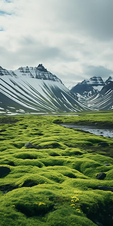 the kyzylkum landscape unfolds with a mesmerizing blend of contrasts, where a serene oasis, surrounded by rolling hills, meets snow-capped mountains in the distance, all infused with a nordic flair. ai generatedの素材