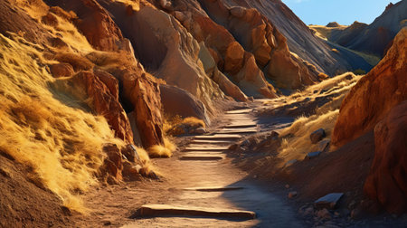 the majestic mountain trail unfolds beneath a vibrant sky, where yellow, blue, pink, and black hues dance together in harmony, evoking a sense of adventure and serenity, as strong shadows and golden light accentuate the poetic beauty of this award-winning illustration, reminiscent of ansel adams' and andrew tischler's masterpieces, captured with the precision of a ferrania p30 film and the zoom lens of a seasonedの素材