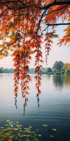 the tranquil lake, surrounded by vibrant wisteria trees with leaves ablaze in warm hues of red, orange, and yellow, mirrors the serene atmosphere in its still waters, evoking a sense of peaceful solitude, perfect for a high-resolution 16k phone wallpaper. ai generatedの素材