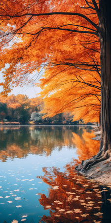the tranquil lake, surrounded by vibrant ginkgo trees, showcases a kaleidoscope of autumn colors, with warm hues of red, orange, and yellow leaves reflecting perfectly off the still waters, evoking a sense of peaceful solitude, perfect for a high-resolution 16k phone wallpaper. ai generatedの素材