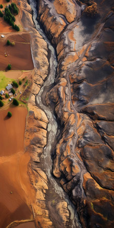 "a breathtaking landslide field, captured by national geographic, showcases the devastating power of nature, with rugged terrain and debris-strewn slopes, photographed using a dji drone, highlighting the dramatic impact of geological forces on the environment.", ai generatedの素材