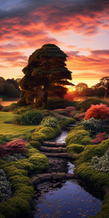 the serene medieval garden, bathed in the warm glow of a sunset, features a majestic mound, lush trees, and a tranquil waterbody, evoking a sense of calm and serenity, reminiscent of traditional british landscapes, as seen in national geographic photos, and inspired by the medieval period between 1000-1400 ce. ai generatedの素材