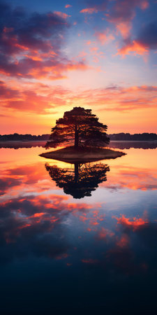 the serene lake, bathed in the warm hues of a breathtaking sunset, stretches tranquilly across the landscape, flanked by a majestic mound, lush trees, and sparkling water, evoking a sense of calm and peaceful beauty reminiscent of traditional british landscapes, inspired by the majesty of national geographic photography, circa 1000-1400 ce. ai generatedの素材