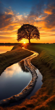 the serene inlet, bathed in the warm glow of a sunset, features a majestic mound, lush trees, and tranquil water, evoking a sense of calm and peacefulness, reminiscent of traditional british landscapes, as seen in national geographic photos, and inspired by the medieval period of 1000-1400 ce. ai generatedの素材