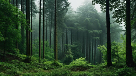 the mystical european forest, shrouded in a veil of misty rain, beckons with its lush canopy of deciduous trees and towering firs, their leafy tops stretching towards the grey sky, evoking a sense of enchantment and mystery, reminiscent of ancient fairytales. ai generatedの素材