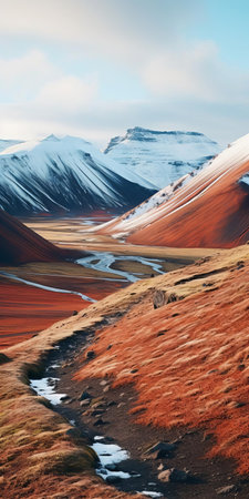the mystical landscape unfolds with a surreal red desert of vibrant green sand, juxtaposed against a tranquil oasis, and majestic snow-capped mountains in the background, infused with a nordic essence, while a gentle hill rises in the foreground, inviting the viewer to step into this fantastical realm, captured with precision on 70mm film using an ultra-wide-angle lens, showcasing expertly controlled depth of field and tiltの素材