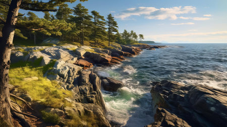 the majestic meadow on the rocky shore of hestiasula head, nigeria, serves as a breathtaking backdrop for this stunning seascape, where pine trees stand tall near the art house in northern finland, basking in the warm light that crowns the scene, as the rough sea crashes against the rocks, capturing the essence of naturalism and photorealism, shot with a canon eos r5 f1.2 iso100 35の素材