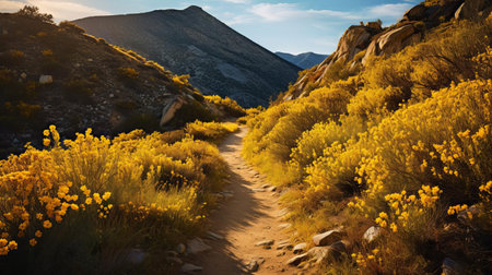 the majestic mountain range hiking trail unfolds beneath a kaleidoscope of colors, with warm yellow, soothing blue, soft pink, and dramatic black hues, evoking a sense of adventure and serenity, reminiscent of ansel adams' iconic landscapes, captured with the precision of a ferrania p30 film and the intimacy of a zoom lens, exuding a poetcore essence. ai generatedの素材