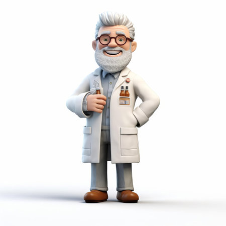 benjamin, a 3d pharmacist, stands proudly in a full-body pose against a crisp white background, showcasing his professional attire and medical equipment, highlighting his expertise in the field of pharmacy and healthcare services. ai generatedの素材