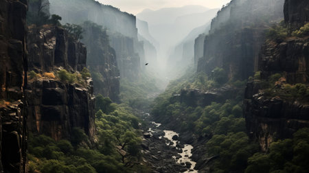 the canyon, a breathtaking natural wonder, stretches across the landscape, its rugged terrain a stark contrast to the charred remains of a previously ravaged forest, a haunting reminder of the devastating effects of wildfires on the environment and ecosystem. ai generatedの素材