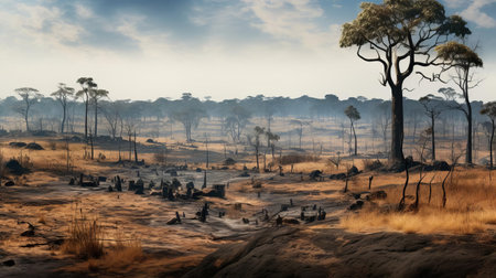 the savanna, a vibrant and resilient ecosystem, stretches as far as the eye can see, covering a previously charred forest landscape, where new life has emerged from the ashes, showcasing nature's remarkable ability to regenerate and thrive in the aftermath of a wildfire. ai generatedの素材