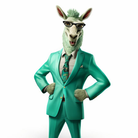 this charming anthropomorphic llama, dressed in a vibrant green turquoise suit, stands proudly against a crisp white background, showcasing its friendly demeanor in a stunningly realistic cartoon illustration, perfect for fans of whimsical and humorous character designs. ai generatedの素材