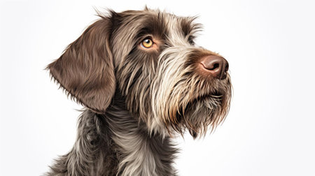 this adorable wirehaired pointing griffon puppy, with its distinctive beard and eyebrows, gazes directly at the camera, showcasing its gentle brown eyes and sweet expression, set against a clean white background, highlighting its unique wire-haired coat and playful puppy charm, perfect for dog lovers and griffon enthusiasts. ai generatedの素材