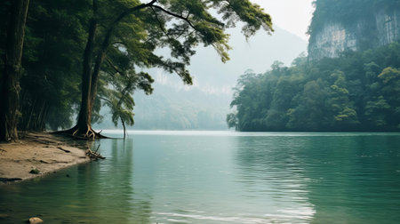 crescent lake, a serene oasis in thailand, shines brightly amidst lush greenery, its tranquil waters reflecting the vibrant hues of the surrounding landscape, captured in warm, nostalgic tones through the lens of analog film photography, evoking a sense of tropical paradise and relaxation. ai generatedの素材