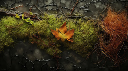 a marsh landscape unfolds with intricate textures and patterns, as fallen leaves, moss, and branches intertwine, showcasing nature's abstract artistry, while macro photography techniques and creative post-processing enhance the earthy tones, resulting in visually striking images that highlight the beauty of this serene ecosystem. ai generatedの素材