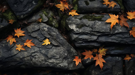 a crag, worn by time and weather, showcases its intricate textures and patterns, as fallen leaves, moss, and branches weave a tapestry of earthy tones, inviting the viewer to step into the serene atmosphere, where macro photography techniques and creative compositions reveal the hidden beauty of nature's artistry. ai generatedの素材