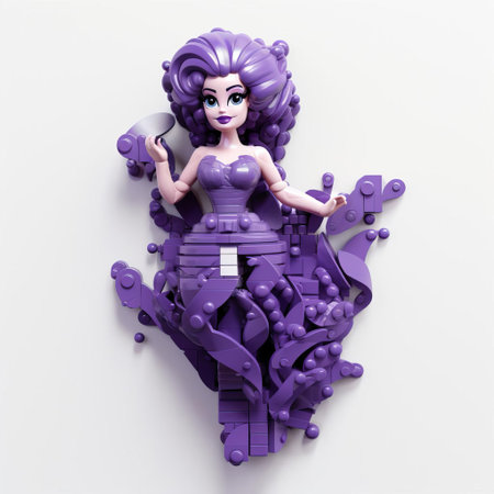 ursula, the infamous sea witch from disney's the little mermaid, stands majestically in this stunning 3d lego figurine, showcasing intricate plastic texture and glossy details, adorned with vibrant stickers, posed against a pristine white background, capturing her full body in all its villainous glory. ai generatedの素材