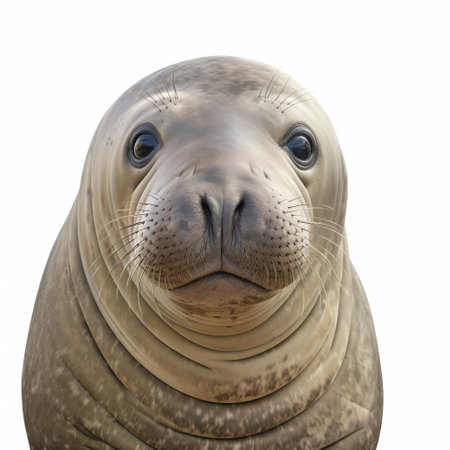 the elephant seal, with its distinctive v-shaped nostrils and spotted gray skin, is showcased in stunning detail in this ultra-clear 8k close-up illustration, set against a crisp white background, highlighting the majestic creature's unique features in a flat, front-facing view. ai generatedの素材