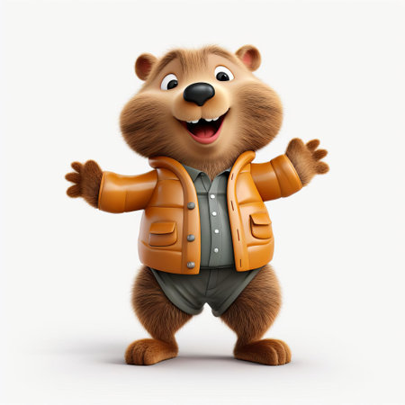 a beaver, dressed in a vibrant orange cardigan, proudly stands against a pristine white background in this whimsical 3d render, showcasing its playful plastic cartoon persona, perfect for illustrations, animations, and children's media, highlighting its adorable full-body pose and charming facial expression. ai generatedの素材
