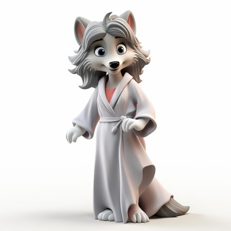 a majestic wolf, rendered in vibrant 3d, stands proudly against a crisp white background, donning a whimsical nightgown, showcasing a playful twist on the traditional wild canine, perfect for fans of cartoon animals, fantasy art, and quirky illustrations. ai generatedの素材