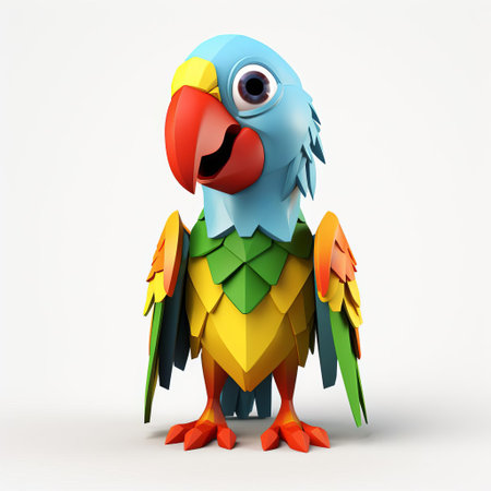 this vibrant 3d render features a colorful plastic cartoon parrot standing proudly in front of a crisp white background, wearing a stylish shirt, showcasing its full body in a playful and lively pose, perfect for graphic designs, digital art, and illustrations. ai generatedの素材