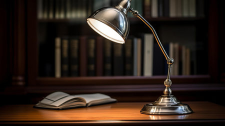 the lamp, with its sleek silver tone, lies elegantly on the table in the study, showcasing an easy and modern design that blends seamlessly with the natural lighting, set against a sophisticated silver background, creating a serene ambiance in high-definition clarity. ai generatedの素材
