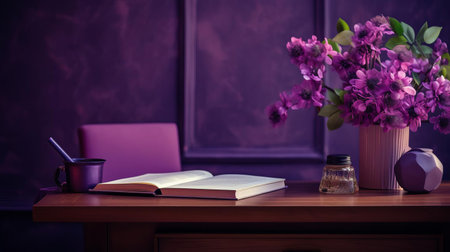 the elegant table, situated in a study, boasts a stunning purple tone that complements the beautiful table design, set against a rich purple background, illuminated by natural lighting, showcasing a harmonious blend of style and sophistication in high-definition quality. ai generatedの素材