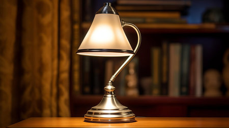 the silver lamp lies elegantly on the table in the study, showcasing its easy and modern design against a sleek silver background, illuminated by natural lighting, highlighting its sophisticated tone, captured in stunning high-definition quality. ai generatedの素材