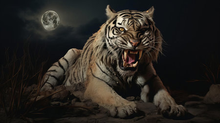the zombie tiger, eerily illuminated by the full moon, stands amidst a hauntingly beautiful landscape, evoking the mystical and symbolic style of finnish artist hugo simberg, blending elements of surrealism and mysticism in a hauntingly captivating visual narrative. ai generatedの素材