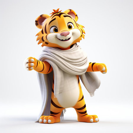 a majestic tiger, crafted in vibrant 3d render, proudly wears a colorful sarong, showcasing its playful and exotic side, set against a crisp white background, evoking a sense of fun and adventure, perfect for tropical and jungle-inspired designs, illustrations, and digital art. ai generatedの素材